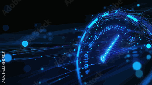 Abstract Low Poly 3D Network Cable with Speedometer in Dark Blue, Super Fast Internet Connection, Digital Speed Test Gauge Concept, Minimalist Vector Mesh Wireframe with Glowing Lines and Dots