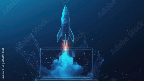 Abstract Rocket Launch From Laptop Screen - 3D Low Poly Vector Illustration on Technological Blue Background - Start Up and Boosting Concept