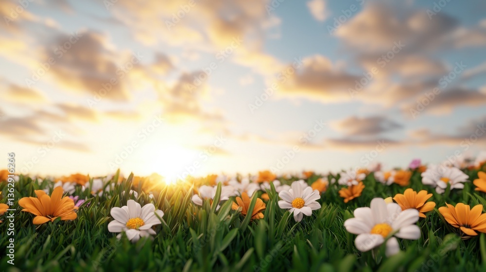 Fototapeta premium Flowers morning mist Concept, Morning Mist Over a Meadow Filled with Colorful Wildflowers Under a Brightening Sky