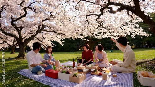 A spring hanami picnic under blooming cherry blossom trees, with food and drinks on a mat, soft pink petals falling, no visible faces, ideal for seasonal, lifestyle, and cultural footage_02