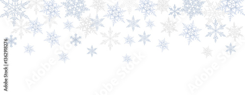 Abstract Christmas background with blue and silver snowflakes border and copy space for text. Winter snow. Overlay, banner, cover. Realistic vector illustration isolated