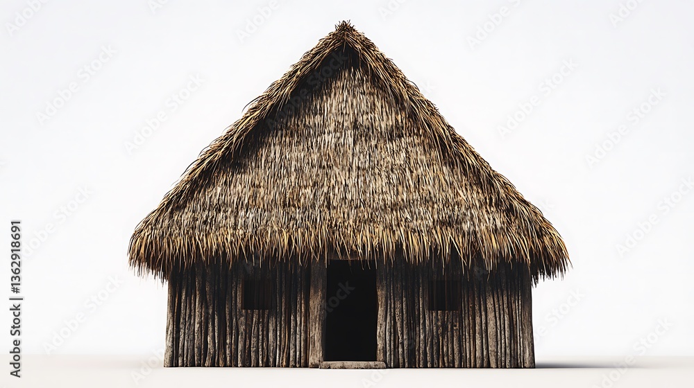 Traditional hut with thatched roof standing on white background Traditional hut with thatched roof standing on white background