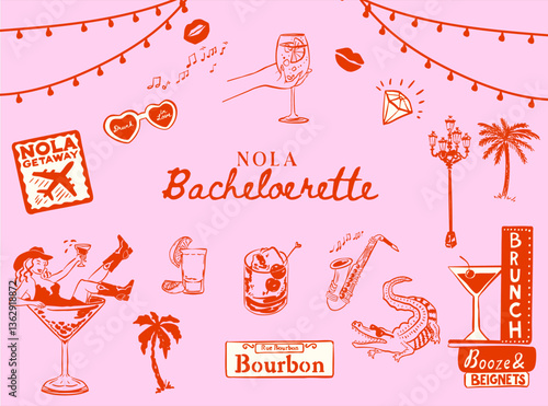 Set of hand drawn New Orleans Bachelorette doodle icons, NOLA Cowgirl Hen Party illustrations, Whimsical Bachelorette vector collection for T-shirts, invitations and web icons