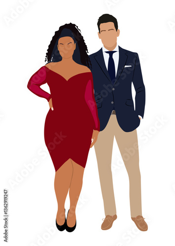 Multiracial couple in trendy evening clothes standing together vector realistic illustration isolated on white background. Stylish man and woman ready to Christmas, formal or wedding event.