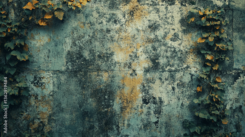 Weathered concrete wall with climbing ivy and patches of discoloration creating a textured surface Weathered concrete wall with climbing ivy and patches of discoloration creating a textured surface
