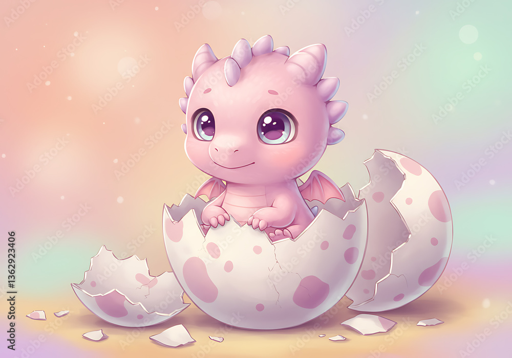 Adorable Pink Baby Dragon Hatching from Egg Shell Pastel Colors Fantasy Art Adorable Pink Baby Dragon Hatching from Egg Shell Pastel Colors Fantasy Art