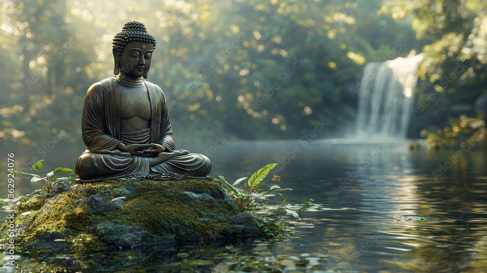 Serene buddha statue meditating by lakeside with a waterfall background Serene buddha statue meditating by lakeside with a waterfall background
