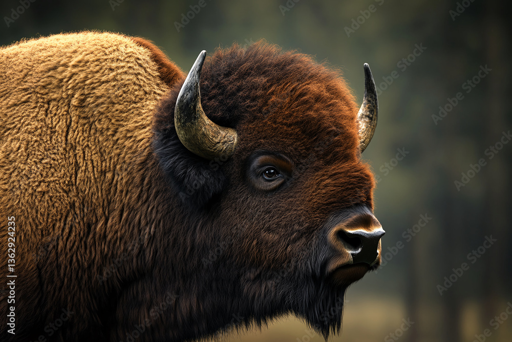 Close-up of bison head, showcasing brown and tan fur texture, powerful horns, and dark eyes, representing wild strength and nature's majesty Close-up of bison head, showcasing brown and tan fur texture, powerful horns, and dark eyes, representing wild strength and nature's majesty