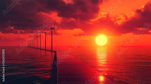 Solar panels and wind turbines at a power station generating clean energy during sunset