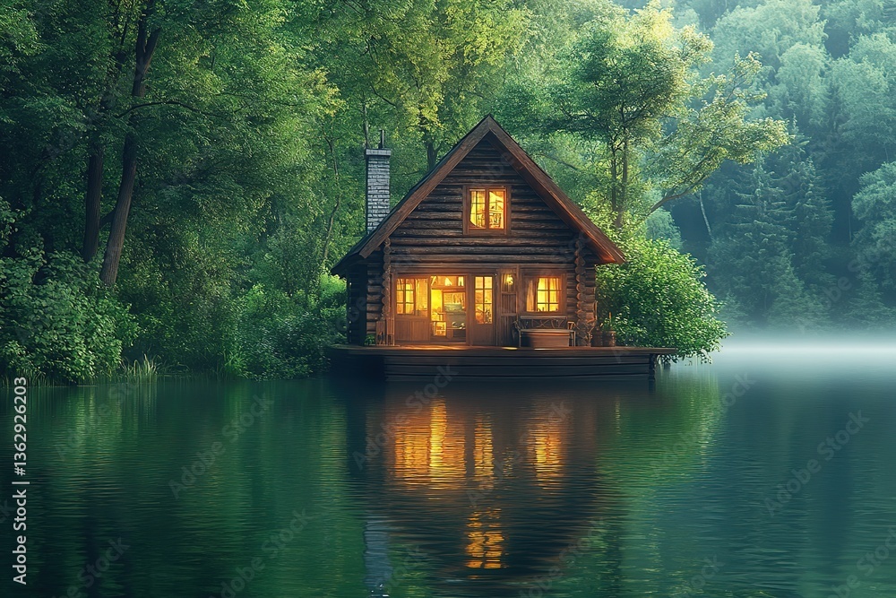 Fototapeta premium Log Cabin on Lake Surrounded by Lush Forest, Calm Water Reflecting Warm Interior Light