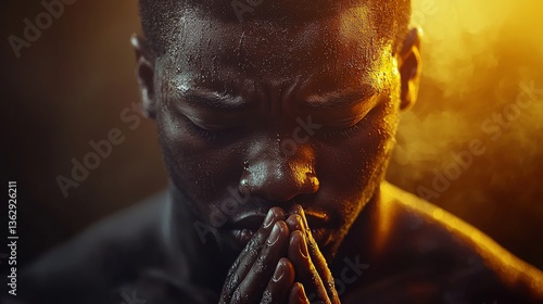 Contemplative Intense Portrait of Sweaty Athletic African American Man
