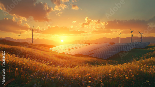 Solar panels and wind turbines in a grassy field under sunlight, symbolizing renewable energy