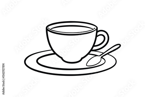 Line art drawing of an espresso cup sitting on a small plate with a spoon vector art illustration.eps