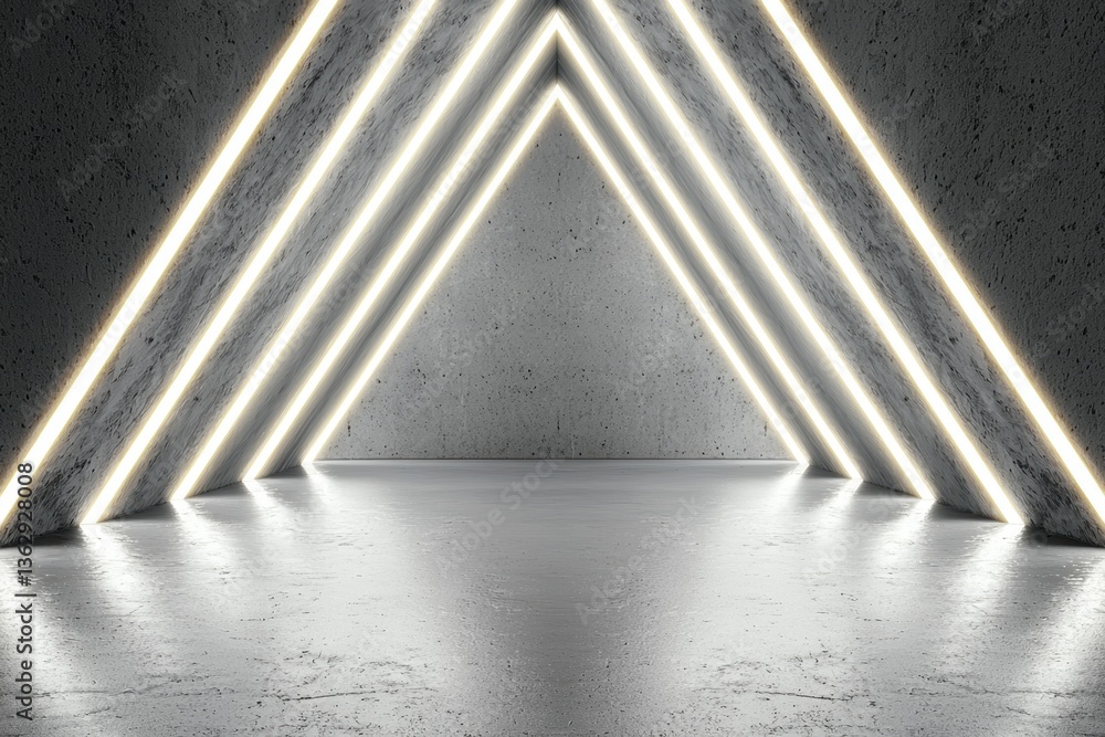 Obraz premium A modern, abstract room featuring triangular patterns of bright lights against a textured gray wall, creating a minimalist and futuristic atmosphere.