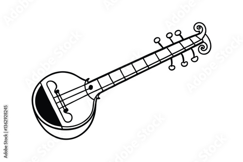 A black and white drawing of a sitar with detailed tuning pegs and curved strings vector art illustration.eps