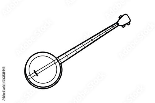 A line art drawing of a banjo with a round body and long neck vector art illustration.eps