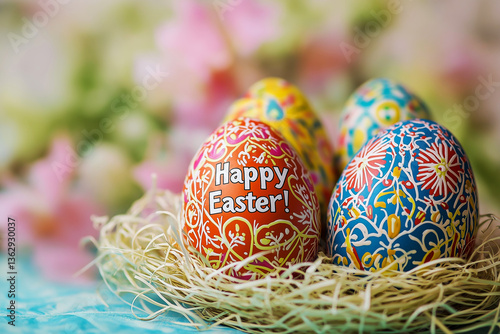 Bright Easter eggs decorated with traditional Ukrainian patterns, with the text 