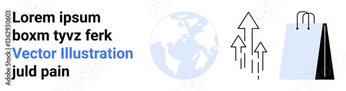 Globe surrounded by upward arrows symbolizing growth and shopping bags indicating consumerism and e-commerce. Ideal for retail, market analysis, e-commerce, sustainability, globalization, economic