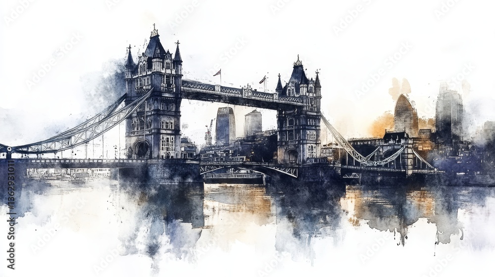 Obraz premium Watercolor London Bridge and Cityscape - Artistic watercolor painting of London's iconic Tower Bridge, showcasing its architectural grandeur, the Thames River