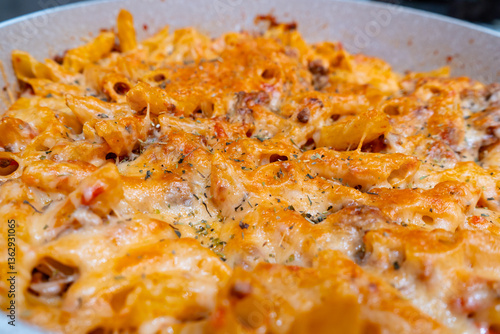 Baked Pasta up close image with meat and cheese