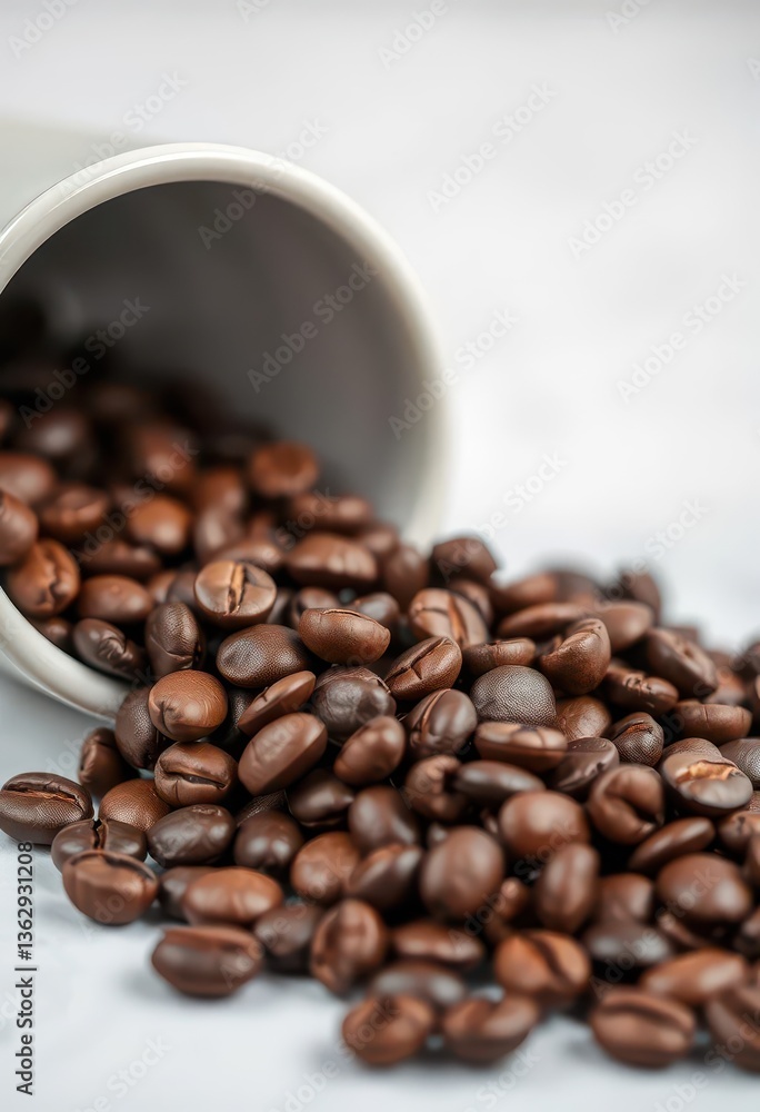 Fototapeta premium Close-up of roasted coffee beans spilling from a ceramic coffee cup, background, burlap, grinder