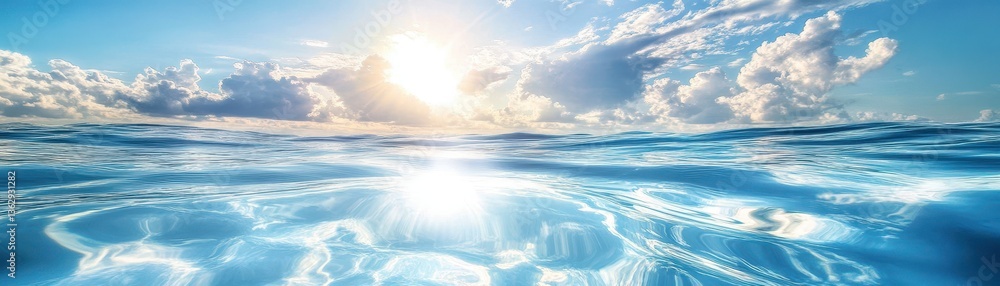Fototapeta premium A vibrant blue ocean stretches to the horizon, shimmering under the warm sunlight. Soft, fluffy clouds drift lazily above, allowing golden rays to break through, illuminating the water's surface.