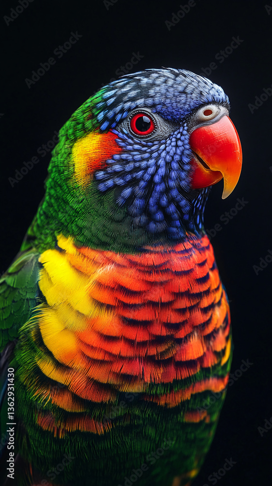 Fototapeta premium Close-up of a rainbow lorikeet, vibrant green, blue, red, orange, and yellow feathers, showcasing intricate texture and color, representative of wildlife beauty