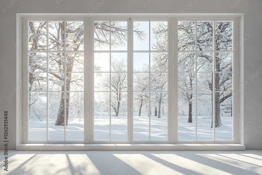 Fototapeta premium White Window View of Snow Covered Trees, Sunlight, Winter Scenery, Indoors