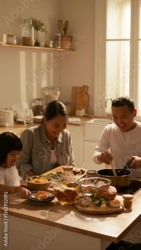 Happy Asian Family Sharing a Meal Together in Their Bright Kitchen