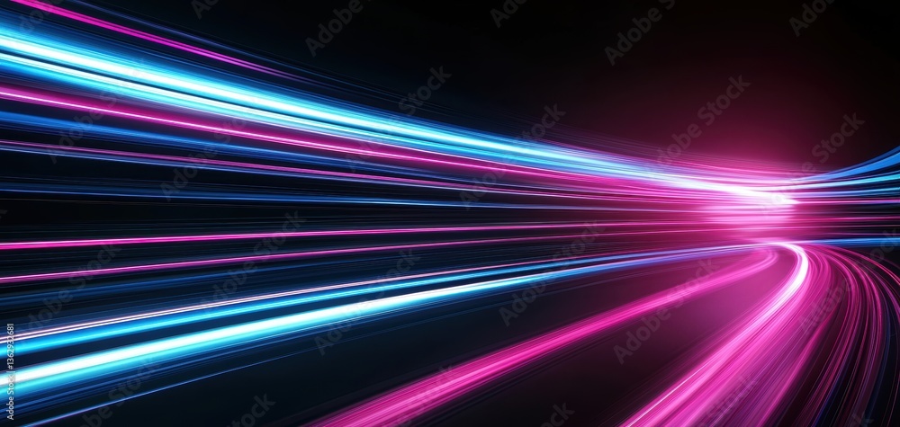 A vibrant, abstract representation of light trails in blue and pink, creating a sense of speed and movement against a dark background.
