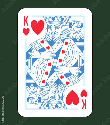 King character, Hearts suit playing card, vintage classic design, english pattern style, isolated on white, editable stroke line, vector illustration.	