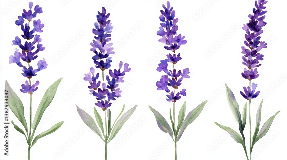 Fototapeta premium Watercolor Lavender Flowers Botanical Illustration Artistic Floral Design Isolated on White Background Delicate Purple Hues and Natural Light