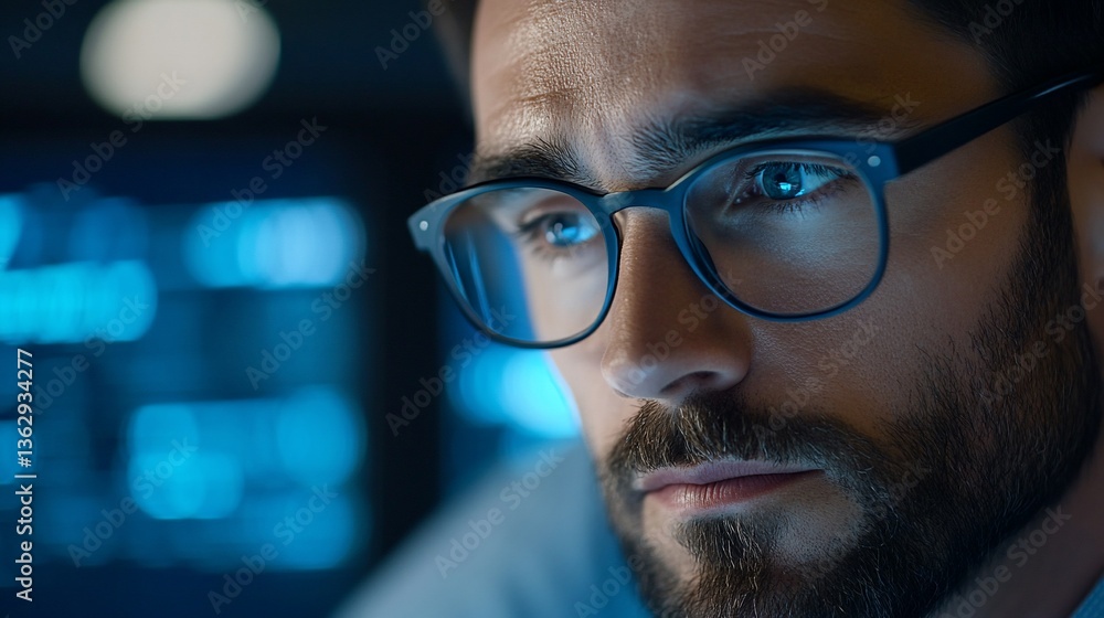 Focused programmer coding late, office, blue screens Focused programmer coding late, office, blue screens