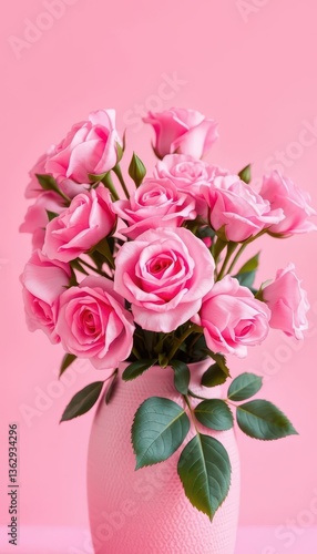 Delicate pink roses in a textured pink vase against a soft pink background, gentle, soft hues, pink vase