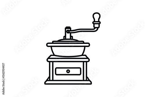 Line art drawing of a vintage manual coffee grinder vector art illustration.eps