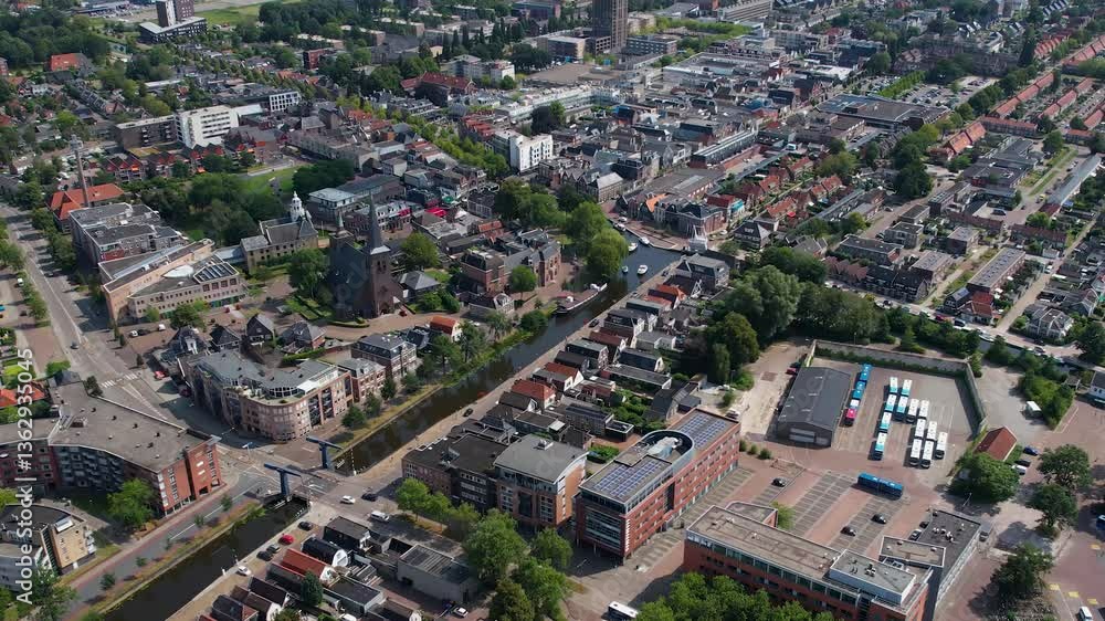 An aerial panorama view around the old town of the city Heerenveen on a sunny summer day in the Netherlands An aerial panorama view around the old town of the city Heerenveen on a sunny summer day in the Netherlands