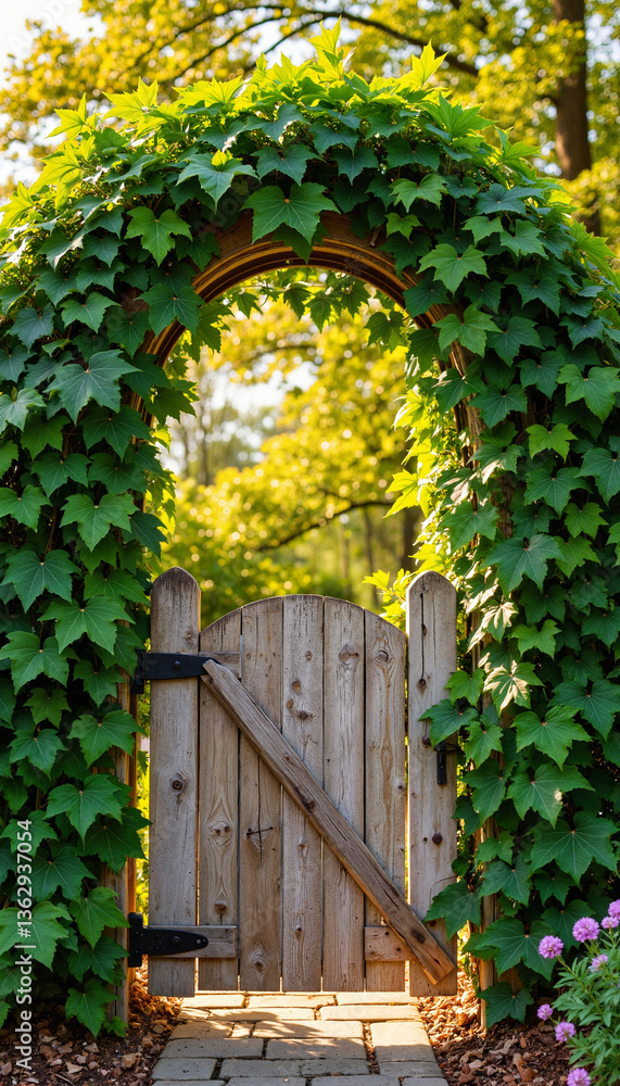 Charming wooden arch gate enveloped in ivy, inviting garden escape Charming wooden arch gate enveloped in ivy, inviting garden escape