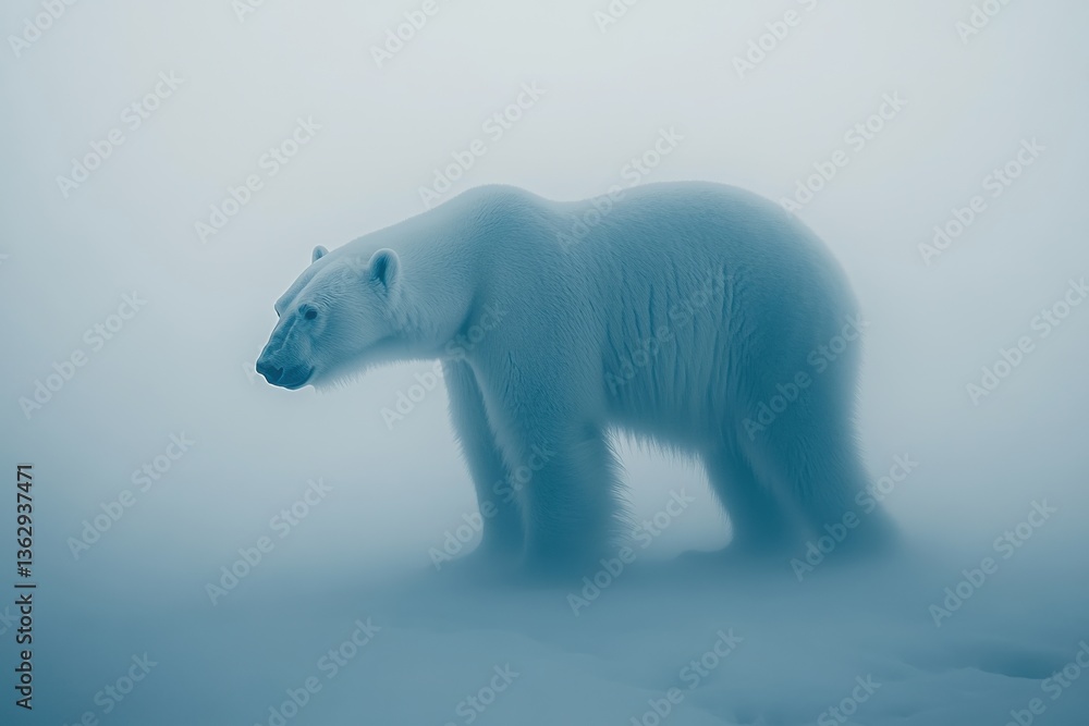 Fototapeta premium Majestic Polar Bear Wandering Through Misty Arctic Landscape in Soft Blue Tones