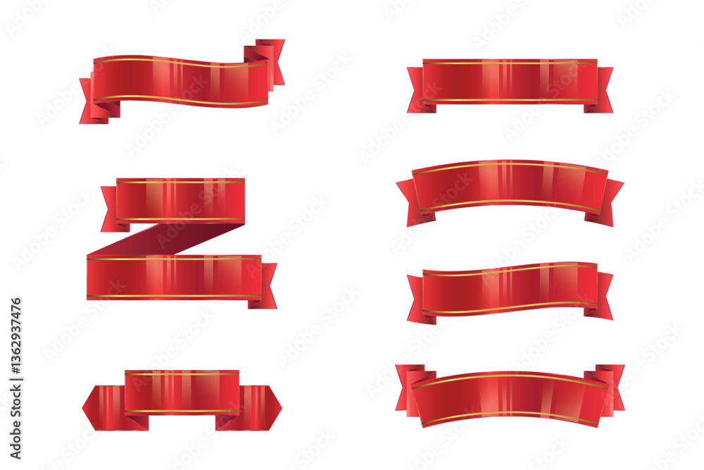 Set of elegant red ribbon banners with gold edges in various shapes. Perfect for decorative labels, promotions, and invitations. Set of elegant red ribbon banners with gold edges in various shapes. Perfect for decorative labels, promotions, and invitations.