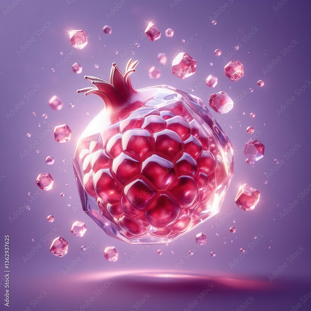 Close-up view of dynamic raspberry crystal explosion in a futuristic environment Close-up view of dynamic raspberry crystal explosion in a futuristic environment