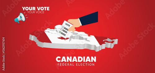 Canadian federal election 3D map Hand putting vote vector poster