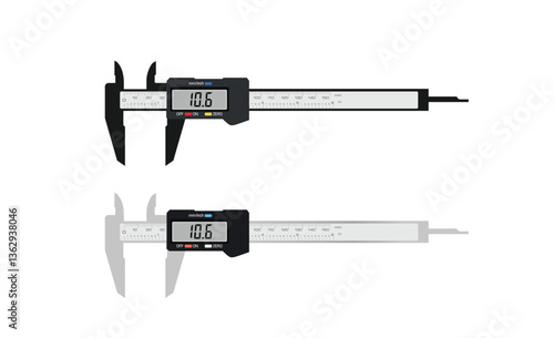 Realistic vector illustration of digital vernier calipers isolated on white background, used for accurate length and diameter measurements in engineering, machining, and manufacturing.