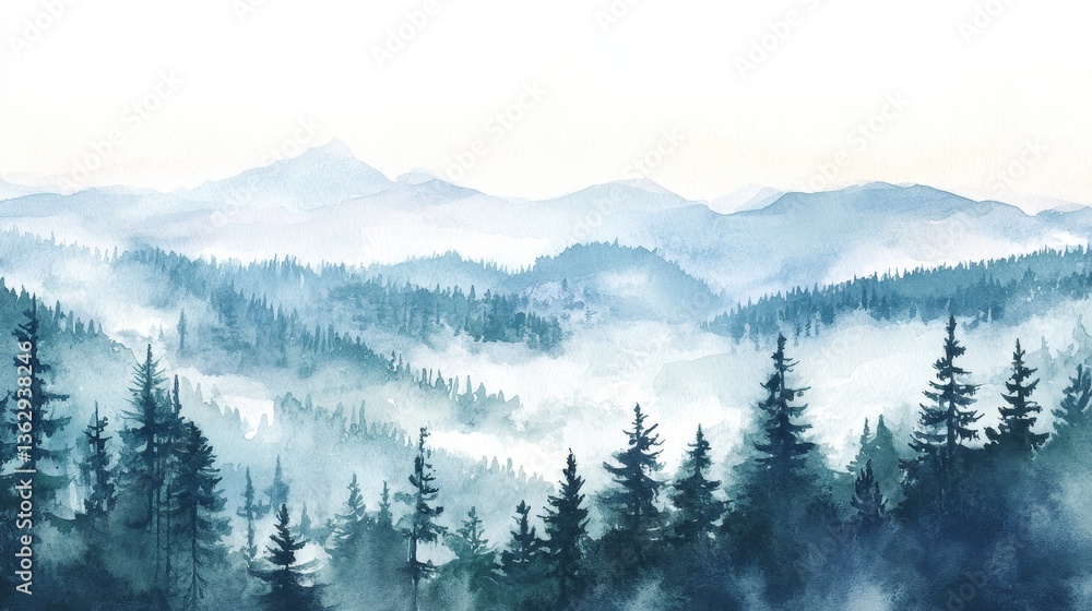 Obraz premium Watercolor Mountains and Misty Forest - Serene watercolor landscape depicting a misty forest nestled in rolling mountains, symbolizing tranquility, mystery, nature's beauty, serenity, and escape