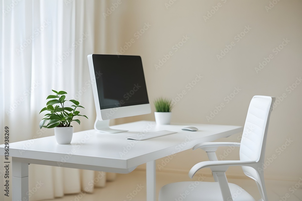 Elegant and Contemporary Office Desk Setup with White Furniture, Stylish Chair, and Minimalist Decor
Elegant and Contemporary Office Desk Setup with White Furniture, Stylish Chair, and Minimalist Decor
