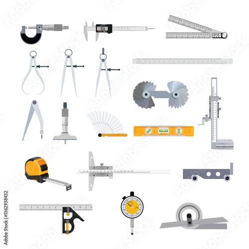 Realistic Vector illustration of engineering measuring tools set, Ideal for mechanical, machining, and industrial applications.