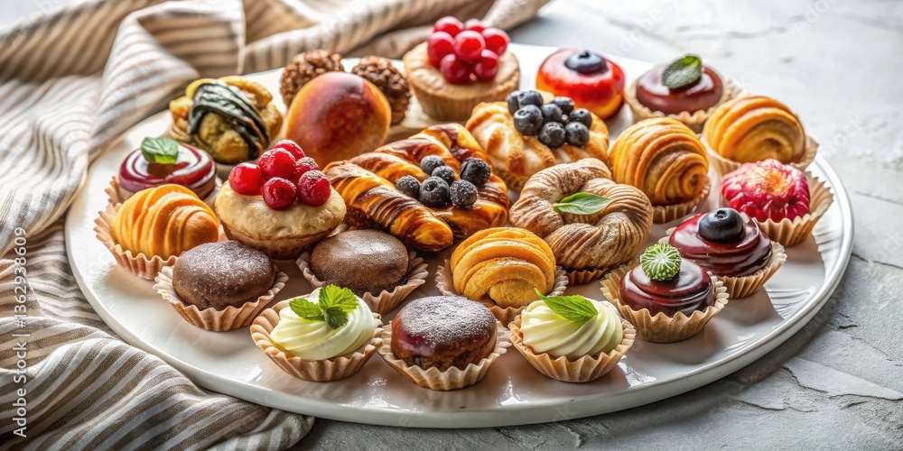 A delightful assortment of miniature pastries, cakes, and sweet treats arranged on a pristine white platter. A delightful assortment of miniature pastries, cakes, and sweet treats arranged on a pristine white platter.