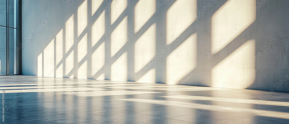 Obraz premium Minimalist modern interior space featuring soft shadows cast large windows, creating tranquil atmosphere. smooth concrete floor enhances modern aesthetic
