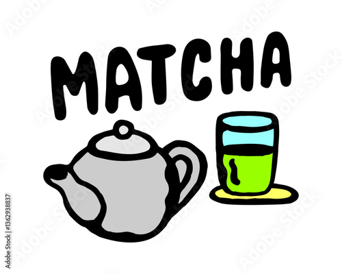 Vector color banner of a glass and teapot, with prepared oriental matcha, with a caption on a white isolated background