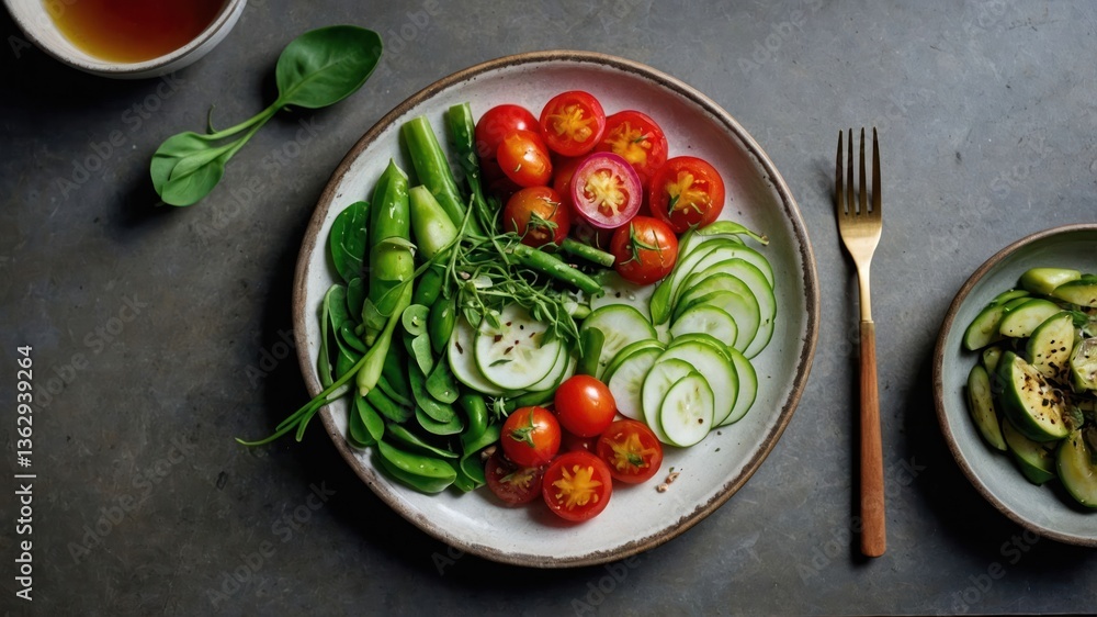 A vibrant plate of fresh vegetables, showcasing healthy eating. A vibrant plate of fresh vegetables, showcasing healthy eating.