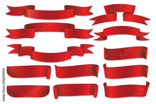 Collection of shiny red ribbon banners in different shapes and styles. Ideal for promotions, labels, and decorative designs.